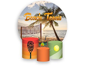 Painel De Festa Redondo 1,50 x 1,50 + Trio De Capas Cilindro - Beach Tennis Areia e Palmeira 011