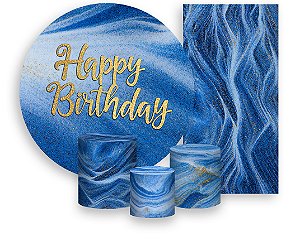 Painel De Festa + Trio De Capas Cilindro + Faixa Veste Fácil - Happy Birthday Azul e Dourado 055