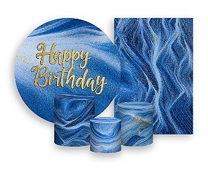 Kit 2 Painéis De Festa + Trio De Capas Cilindro - Happy Birthday Azul e Dourado 058