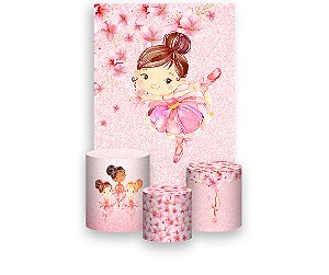 Painel De Festa Vertical 1,50 x 2,20 + Trio De Capas Cilindro - Bailarina Flores Rosas 014