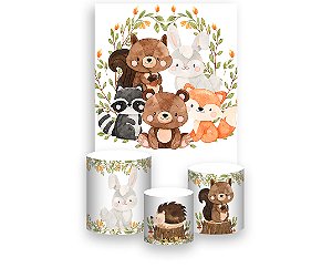 Painel De Festa Vertical 1,50 x 2,20 + Trio De Capas Cilindro - Bosque Animais Cute 007