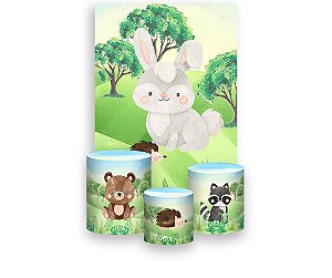 Painel De Festa Vertical 1,50 x 2,20 + Trio De Capas Cilindro - Bosque Coelhinho Cute 008