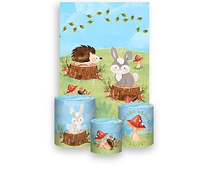 Painel De Festa Vertical 1,50 x 2,20 + Trio De Capas Cilindro - Bosque Jardim Aquarela 010
