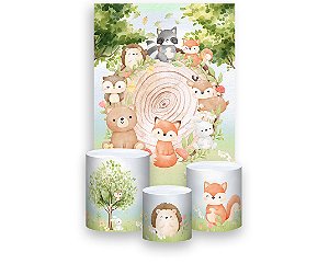 Painel De Festa Vertical 1,50 x 2,20 + Trio De Capas Cilindro - Bosque Animais Cute 013