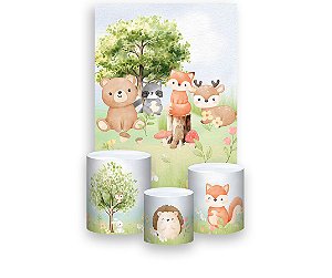 Painel De Festa Vertical 1,50 x 2,20 + Trio De Capas Cilindro - Bosque Cute Aquarela 014