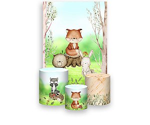 Painel De Festa Vertical 1,50 x 2,20 + Trio De Capas Cilindro - Bosque Aquarela Animais Cute 015