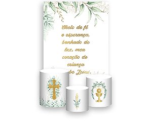 Painel De Festa Vertical 1,50 x 2,20 + Trio De Capas Cilindro - Crisma com Folhagens Dourado 037