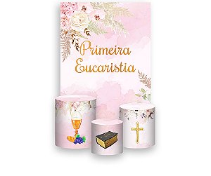 Painel De Festa Vertical 1,50 x 2,20 + Trio De Capas Cilindro - Primeira Eucaristia Rosa 040