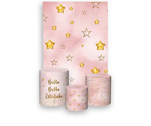 Painel De Festa Vertical 1,50 x 2,20 + Trio De Capas Cilindro - Brilha Brilha Estrelinha Rosa 010