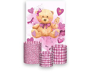 Painel De Festa Vertical 1,50 x 2,20 + Trio De Capas Cilindro - Urso com Corações Rosas 018