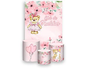 Painel De Festa Vertical 1,50 x 2,20 + Trio De Capas Cilindro - Chá de Fraldas Ursa Floral 045