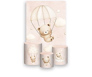 Painel De Festa Vertical 1,50 x 2,20 + Trio De Capas Cilindro - Chá de Bebê Urso Cute Bege 095