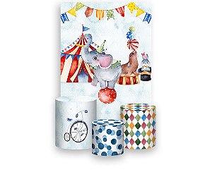 Painel De Festa Vertical 1,50 x 2,20 + Trio De Capas Cilindro - Circo Azul Aquarela 001