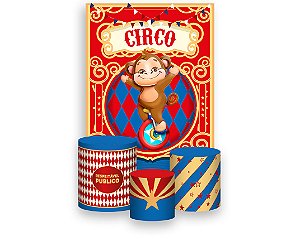 Painel De Festa Vertical 1,50 x 2,20 + Trio De Capas Cilindro - Macaquinho Circo Vermelho 003