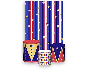 Painel De Festa Vertical 1,50 x 2,20 + Trio De Capas Cilindro - Circo Tradicional Vermelho e Azul 015