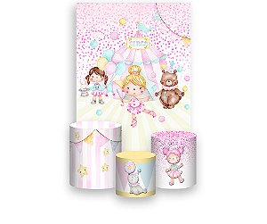 Painel De Festa Vertical 1,50 x 2,20 + Trio De Capas Cilindro - Circo Rosa com Bolinhas 036