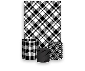 Painel De Festa Vertical 1,50 x 2,20 + Trio De Capas Cilindro - Estampa Xadrez Preto e Branco 001