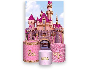 Painel De Festa Vertical 1,50 x 2,20 + Trio De Capas Cilindro - Castelo Rosa e Dourado 001