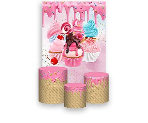 Painel De Festa Vertical 1,50 x 2,20 + Trio De Capas Cilindro - Doces Cupcakes 012