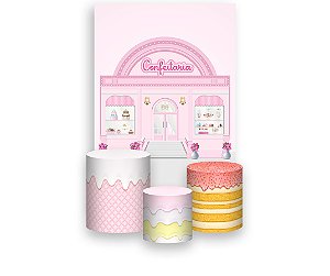 Painel De Festa Vertical 1,50 x 2,20 + Trio De Capas Cilindro - Vitrine Confeitaria Rosa 015
