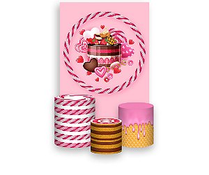 Painel De Festa Vertical 1,50 x 2,20 + Trio De Capas Cilindro - Confeitaria Doce Rosa 017