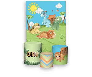 Painel De Festa Vertical 1,50 x 2,20 + Trio De Capas Cilindro - Dinossauros Baby Cute 006