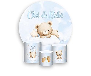 Painel De Festa Redondo 1,50 x 1,50 + Trio De Capas Cilindro - Chá de Bebê Ursinha Azul e Bege 068