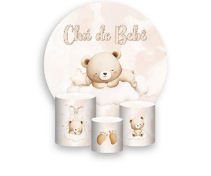 Painel De Festa Redondo 1,50 x 1,50 + Trio De Capas Cilindro - Chá de Bebê Ursinho Aquarela Bege 071