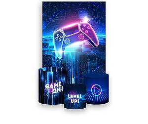 Painel De Festa Vertical 1,50 x 2,20 + Trio De Capas Cilindro - Video Game Cidade Azul 006