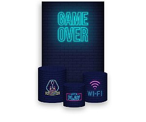 Painel De Festa Vertical 1,50 x 2,20 + Trio De Capas Cilindro - Game Over Jogos 009
