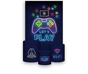 Painel De Festa Vertical 1,50 x 2,20 + Trio De Capas Cilindro - Let's Play Console Efeito Neon 010