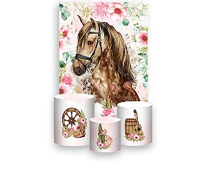 Painel De Festa Vertical 1,50 x 2,20 + Trio De Capas Cilindro -  Country Cavalo Rosa com Flores 016