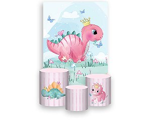 Painel De Festa Vertical 1,50 x 2,20 + Trio De Capas Cilindro - Dinossauro Rosa Cute 012