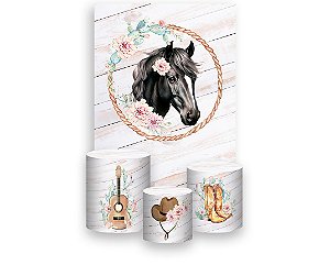 Painel De Festa Vertical 1,50 x 2,20 + Trio De Capas Cilindro - Cavalo Com Flores Elegante 025