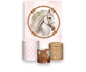 Painel De Festa Vertical 1,50 x 2,20 + Trio De Capas Cilindro - Cavalo Branco Com Rosa 026