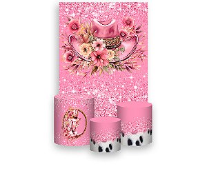 Painel De Festa Vertical 1,50 x 2,20 + Trio De Capas Cilindro - Chapéu de Boiadeira Com Flores Rosas 028