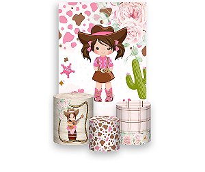 Painel De Festa Vertical 1,50 x 2,20 + Trio De Capas Cilindro - Country Rosa Boiadeira Morena com Flores 032