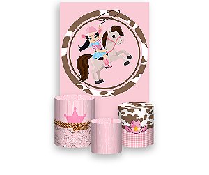 Painel De Festa Vertical 1,50 x 2,20 + Trio De Capas Cilindro - Boiadeira Morena Fundo Rosa e Marrom 037