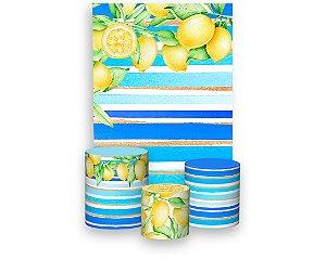 Painel De Festa Vertical 1,50 x 2,20 + Trio De Capas Cilindro - Limão Siciliano Listrado Azul 018