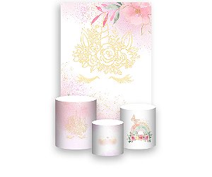 Painel De Festa Vertical 1,50 x 2,20 + Trio De Capas Cilindro - Unicórnio Dourado com Flores 011