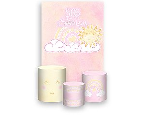 Painel De Festa Vertical 1,50 x 2,20 + Trio De Capas Cilindro - 365 Sorrisos Rosa Aquarela 041