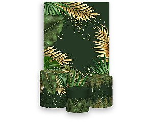 Painel De Festa Vertical 1,50 x 2,20 + Trio De Capas Cilindro - Tropical Chique Verde com Dourado 025