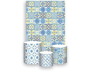 Painel De Festa Vertical 1,50 x 2,20 + Trio De Capas Cilindro - Azulejo Mediterrâneo Azul e Amarelo 052