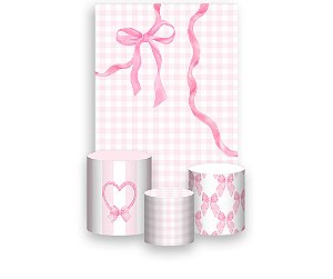 Painel De Festa Vertical 1,50 x 2,20 + Trio De Capas Cilindro - Laço Rosa Fundo Xadrez 059