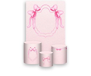 Painel De Festa Vertical 1,50 x 2,20 + Trio De Capas Cilindro - Laço Rosa Efeito Textura Linho 065