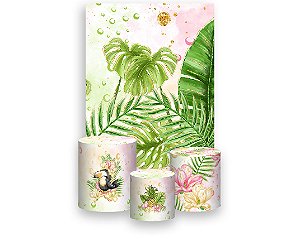 Painel De Festa Vertical 1,50 x 2,20 + Trio De Capas Cilindro - Folhas Tropical Rosa 014