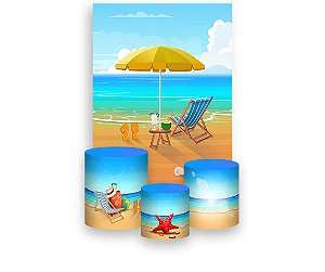 Painel De Festa Vertical 1,50 x 2,20 + Trio De Capas Cilindro - Praia Beach Verão 015