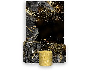 Painel De Festa Vertical 1,50 x 2,20 + Trio De Capas Cilindro - Tropical Chique Preto com Dourado 022
