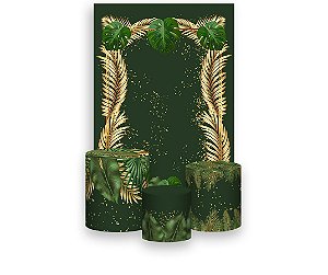 Painel De Festa Vertical 1,50 x 2,20 + Trio De Capas Cilindro - Tropical Verde com Dourado 024