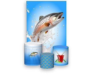 Painel De Festa Vertical 1,50 x 2,20 + Trio De Capas Cilindro - Pescaria Peixe Saltando 008